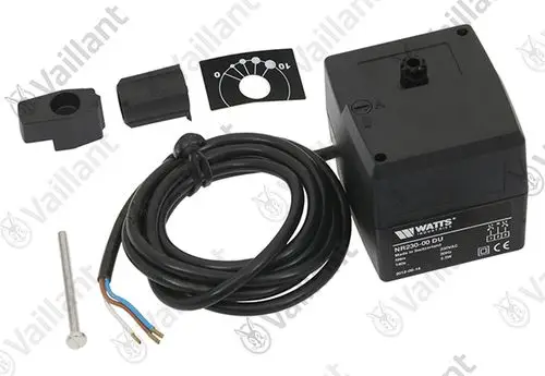 Vaillant Motor mit elektrischen Anschlusskabeln und Zubehörteilen, einschließlich Anschlussstücken und einem Befestigungsbolzen.